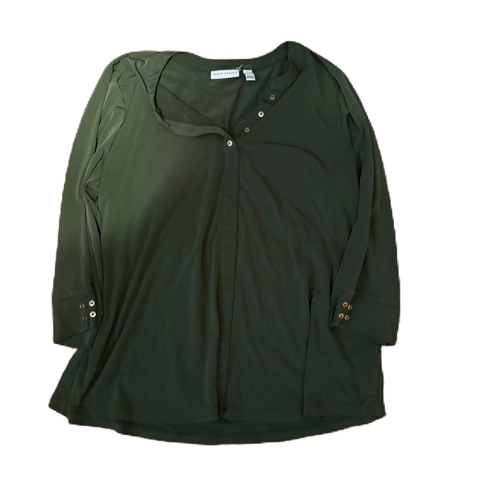 Susan Graver Green Blouse with Gold Button Accents XL Top Shirt